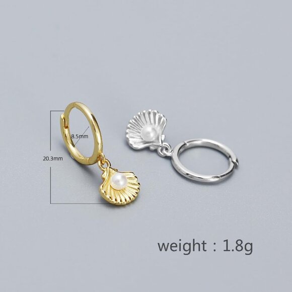Gold Shell Pearl Dangle Small Hoop Earrings for Women and Teens - Sterling Silve - Picture 2 of 6